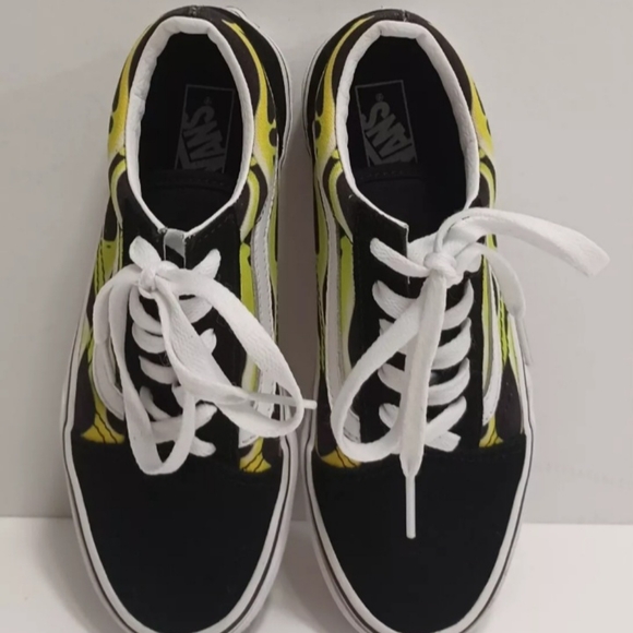 Vans Old Skool Little Kids Size 3.0 Black And True White Slime Green Flame! - Picture 7 of 8
